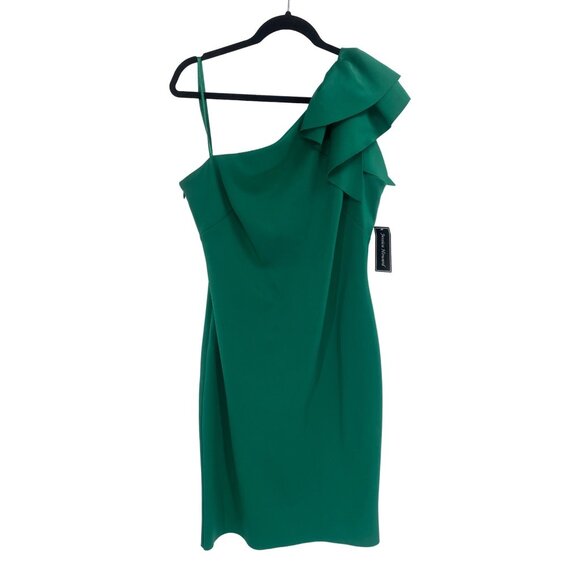 NWT JESSICA HOWARD GREEN ONE SHOULDER RUFFLE SHOULDER SIZE 14 COCKTAIL DRESS - Picture 1 of 5